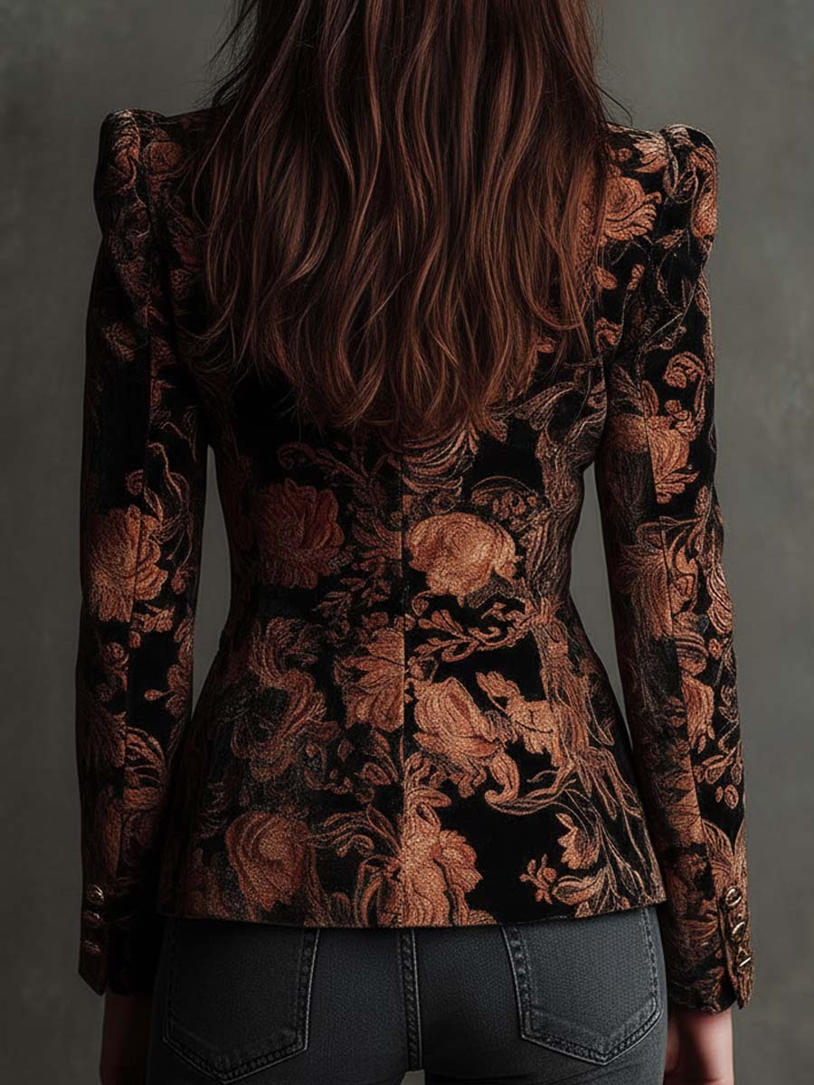 Bertille | Skræddersyet blazer med blomsterprint i sort og bronze