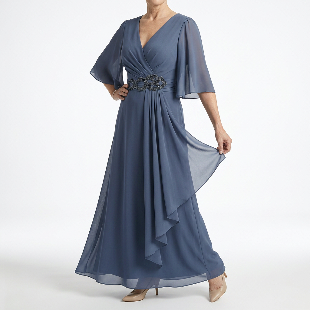 Éloïsine™ — Lang wrap-kjole med sommerfugleærmer og blød elegance
