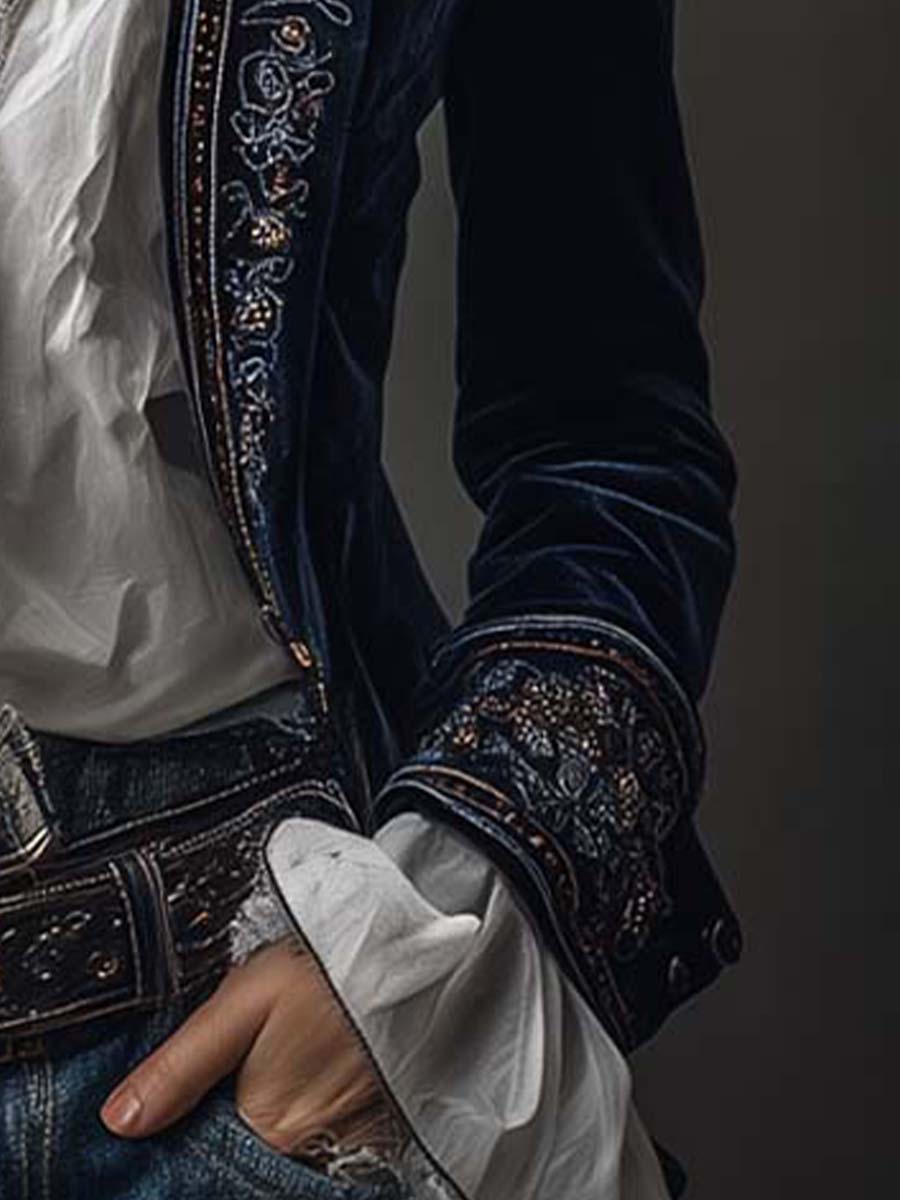 Athénaïs | Lang broderet vintagejakke i marineblå