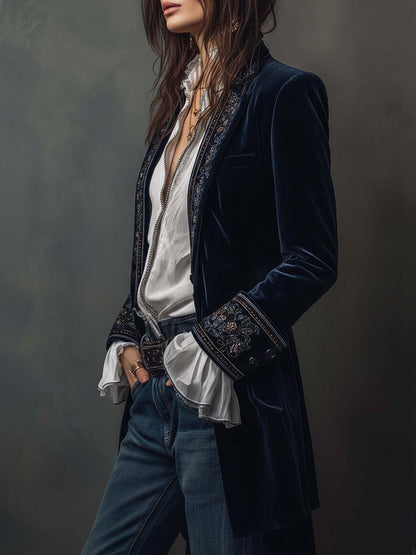 Athénaïs | Lang broderet vintagejakke i marineblå