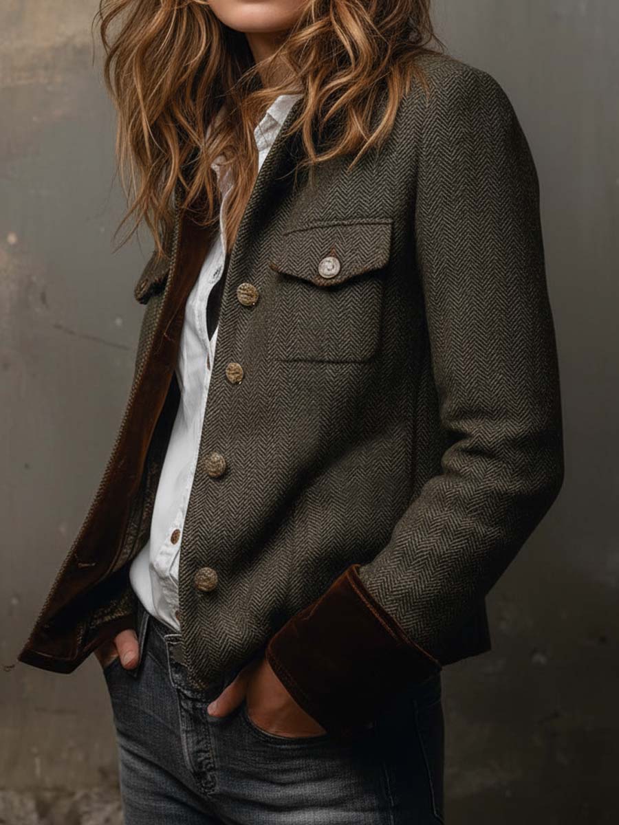 Honorine | Vintageblazer med sildebensmønster og kontrastkanter