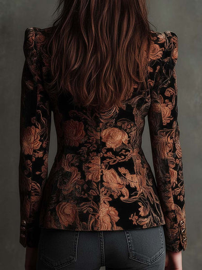 Bertille | Skræddersyet blazer med blomsterprint i sort og bronze