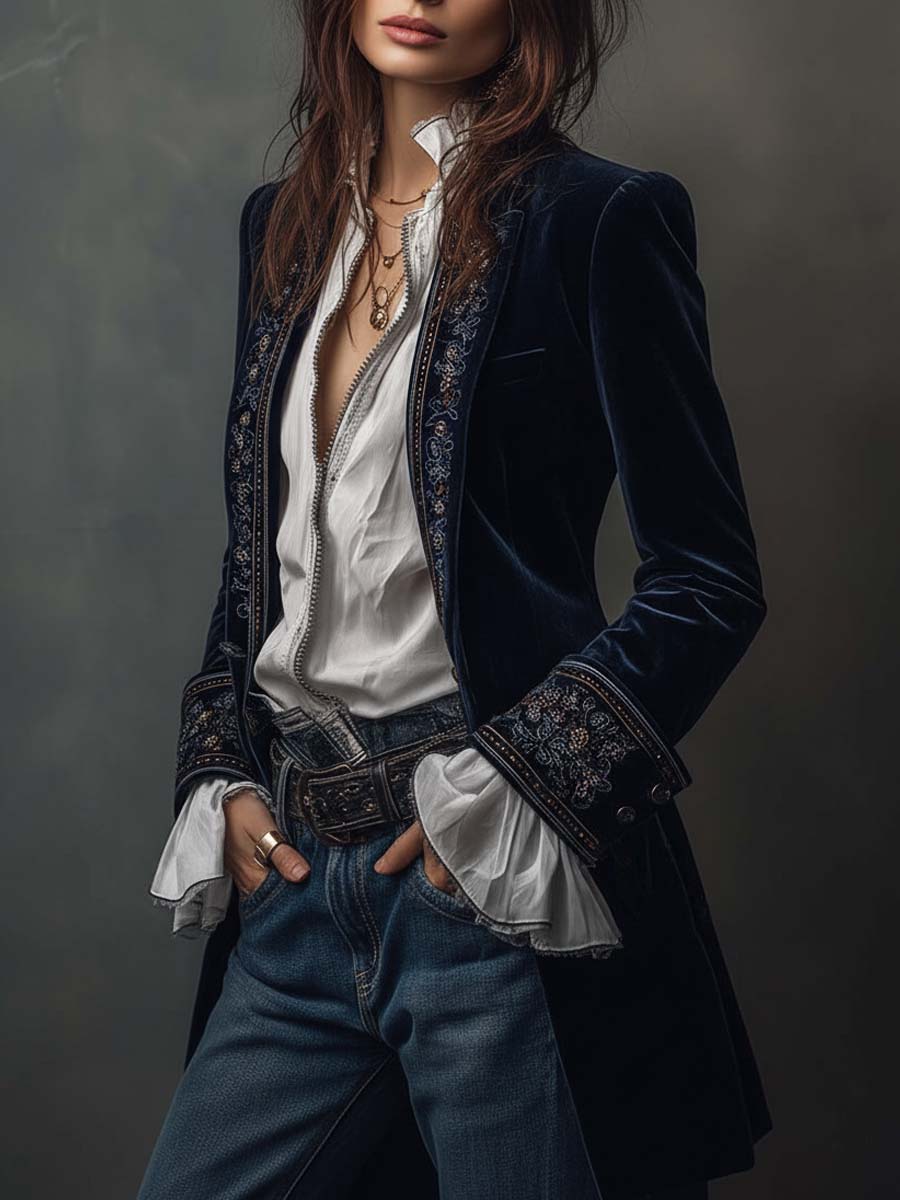 Athénaïs | Lang broderet vintagejakke i marineblå