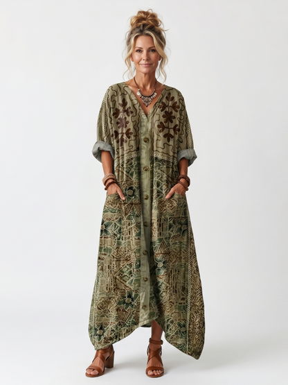 Aleta | Oversize midikjole med knapper, broderi og lommer