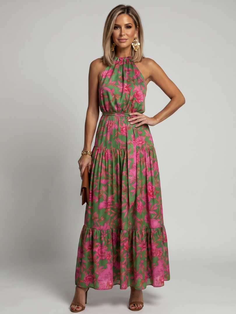 Draperet midikjole i rosa med elegant halterneck