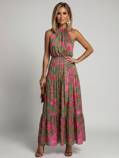 Draperet midikjole i rosa med elegant halterneck