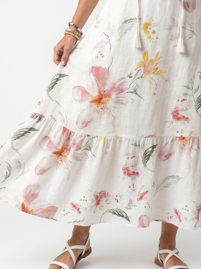 Noa | Midikjole med lag og pomponer i blødt blomsterprint