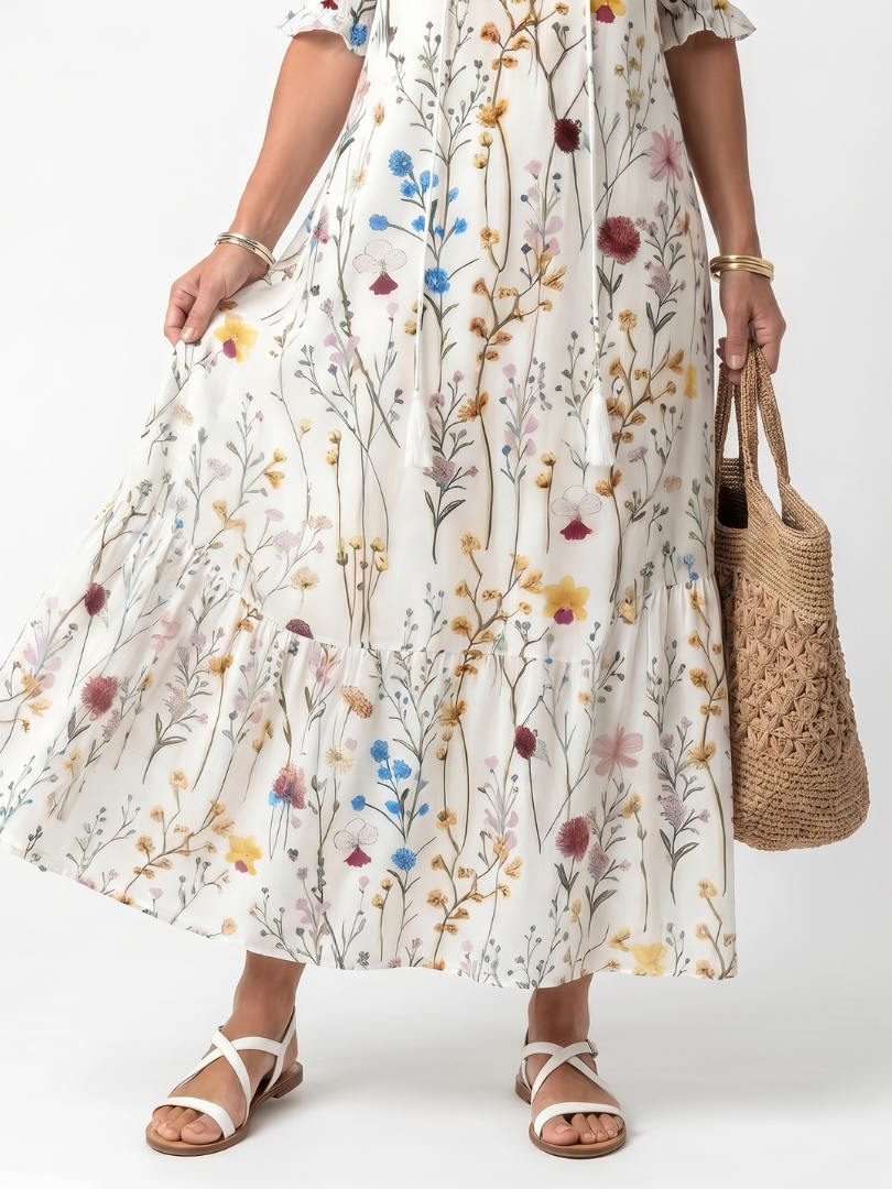 Sylvie | Midikjole med bindebånd og botanisk print