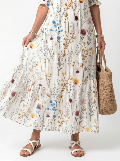 Sylvie | Midikjole med bindebånd og botanisk print