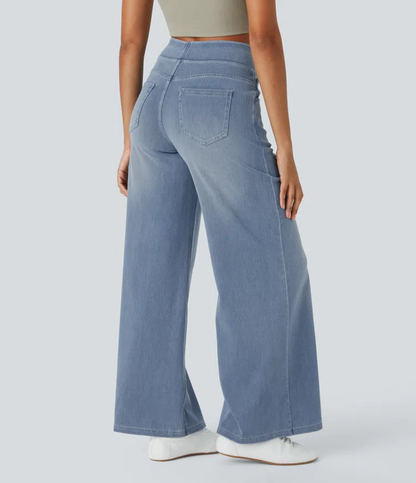 Meget elastiske jeans med vide ben og høj talje