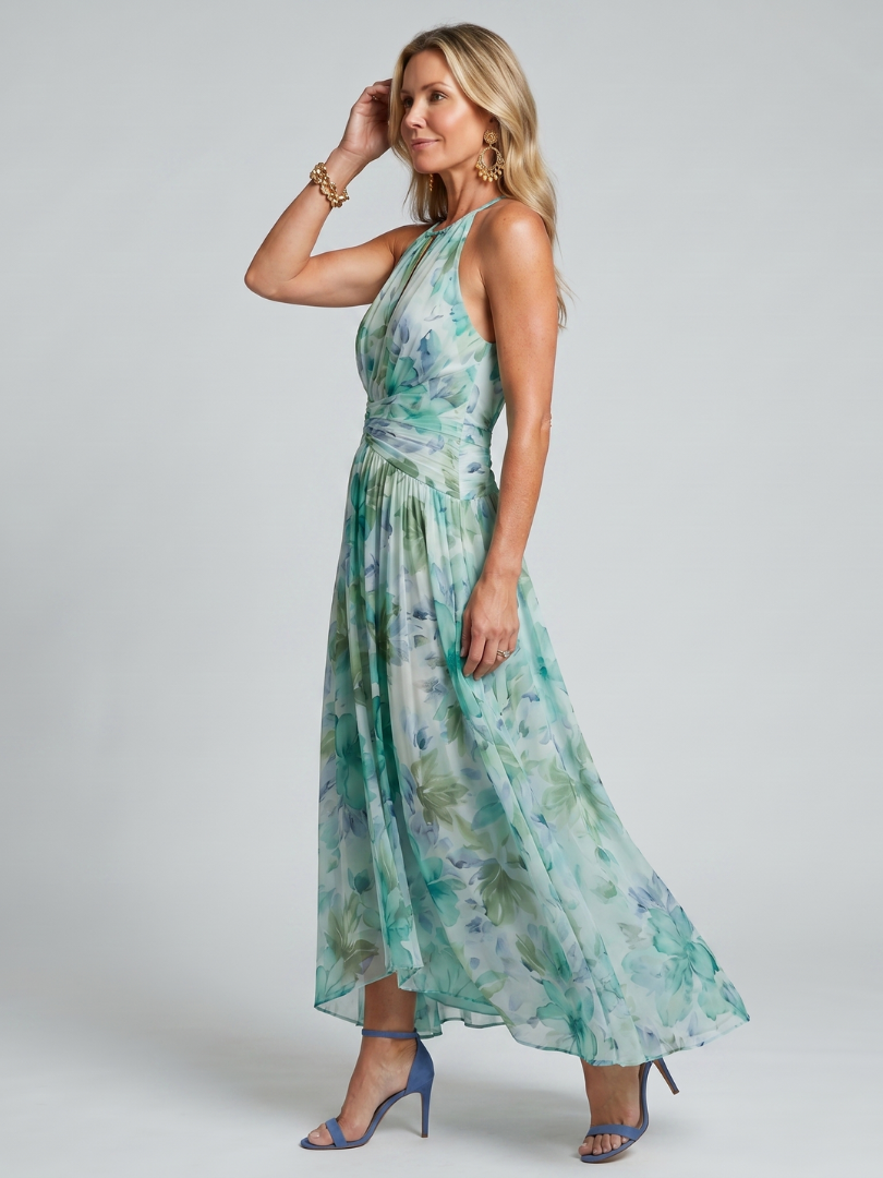 Portia midikjole i plisseret crêpe med halterneck og blomsterprint
