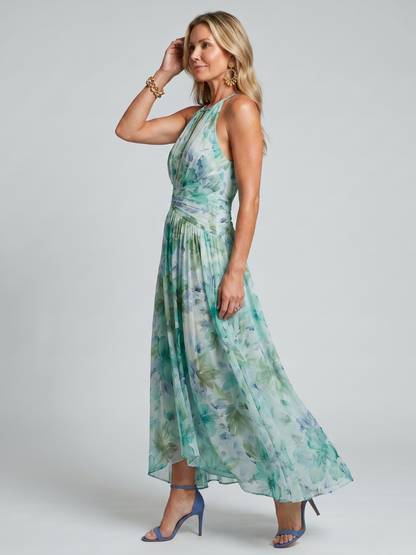 Portia midikjole i plisseret crêpe med halterneck og blomsterprint