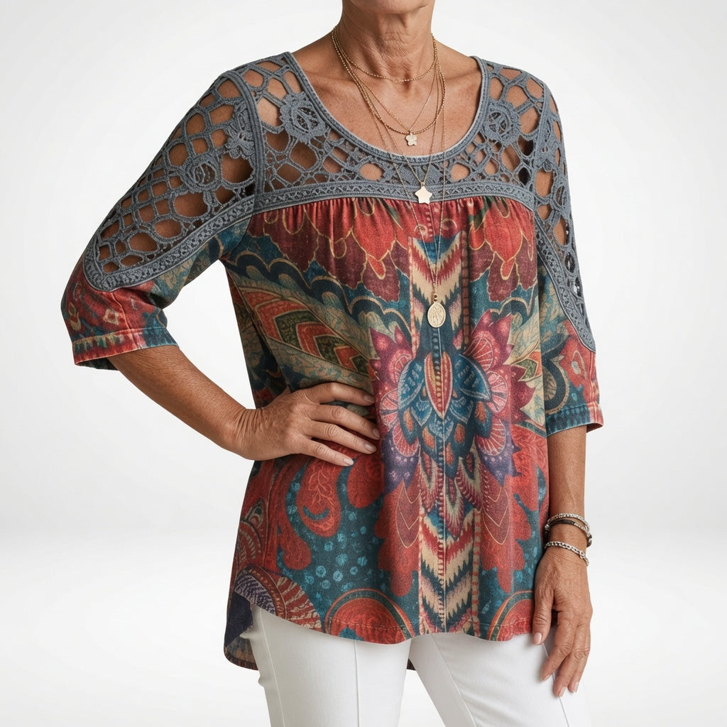 Zénaïde™ — Bluse med etnisk print i bohemestil og naturlig feminin charme