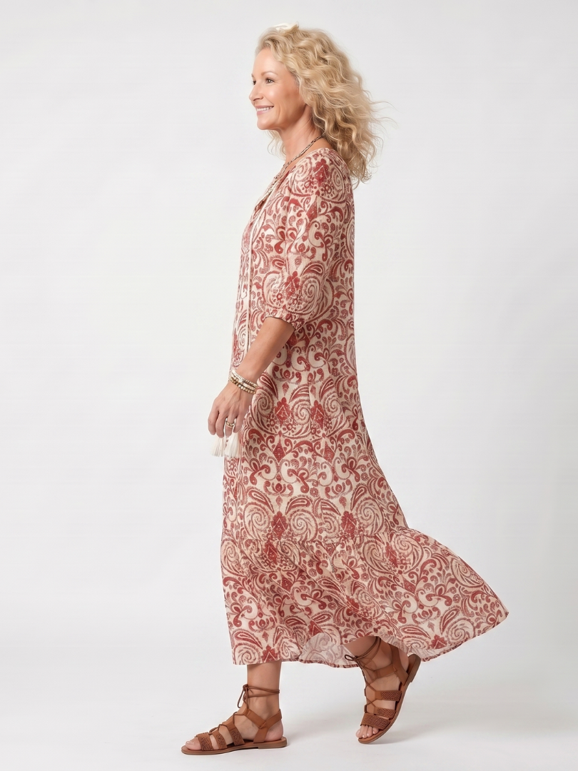 Noelle | Midikjole med bindekrave og ornamentalt print