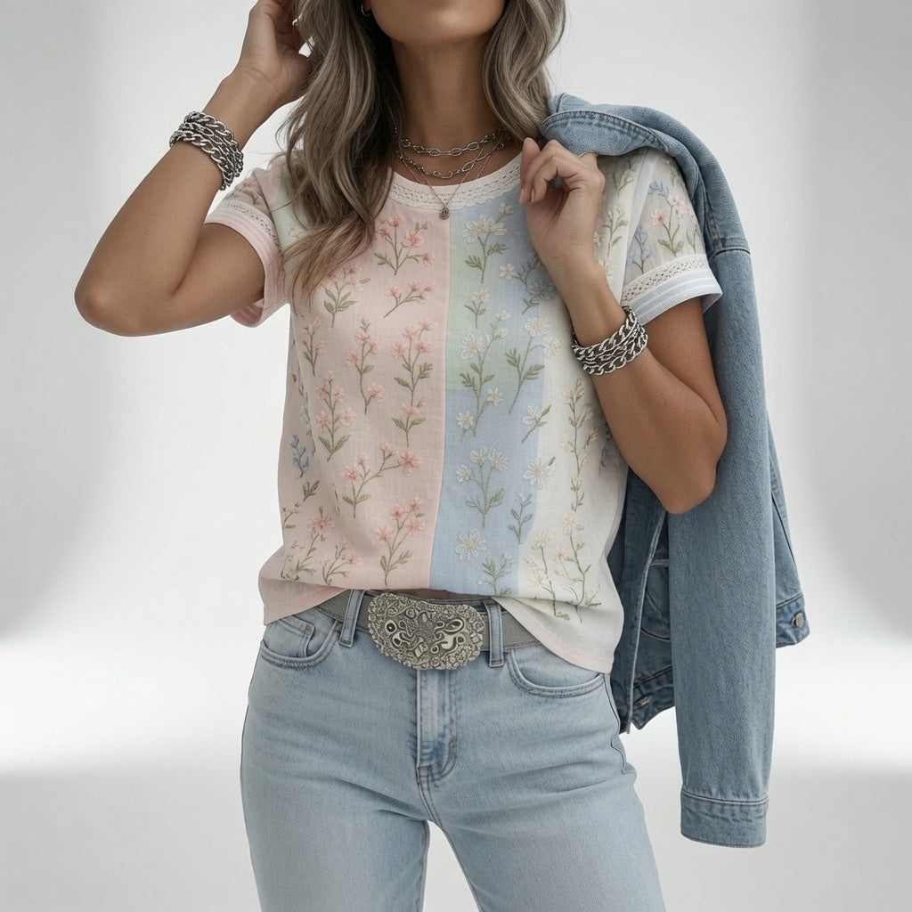Mélisande™ — Blomstret T-shirt med blød komfort og hverdagselegance