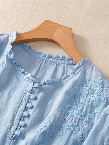 Éléna™ — Elegant broderet bluse i hørblanding