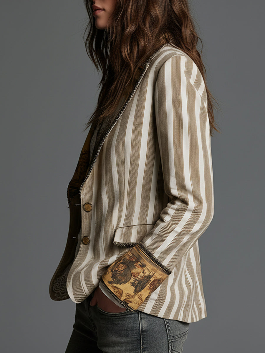 Suzanne | Stribet bohemeblazer med printet krave
