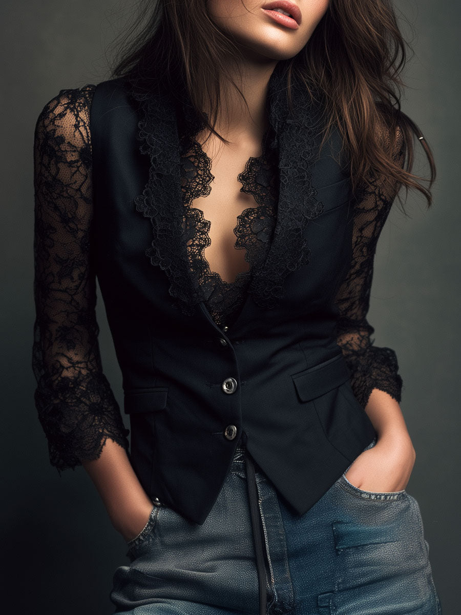 Noémie | Sort blazertop med semi-transparente ærmer