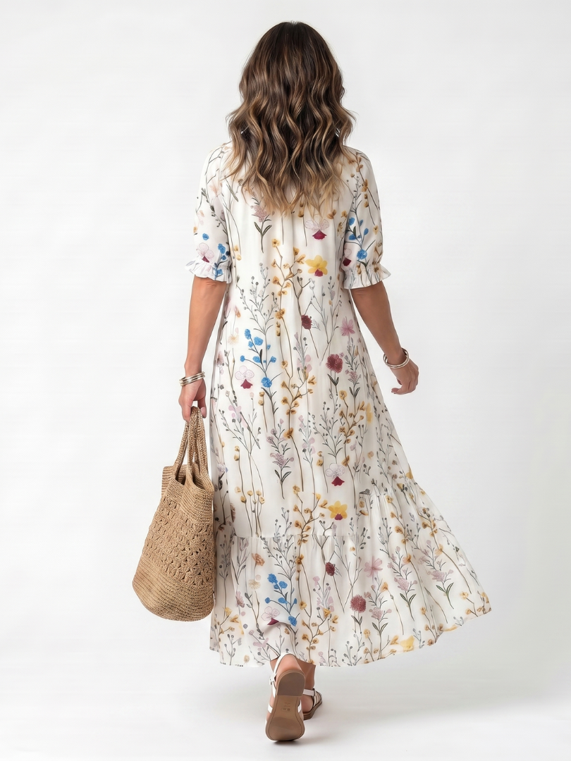 Sylvie | Midikjole med bindebånd og botanisk print
