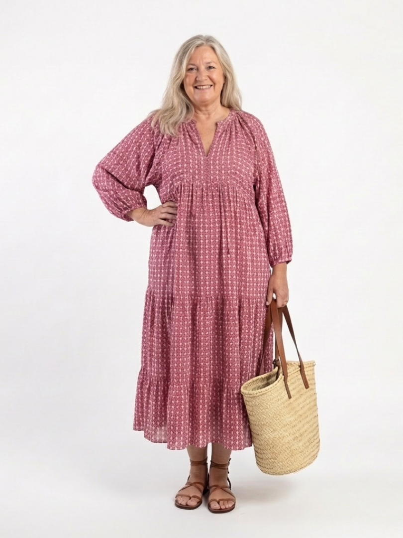Arlette | Midikjole med lange ærmer og geometrisk print
