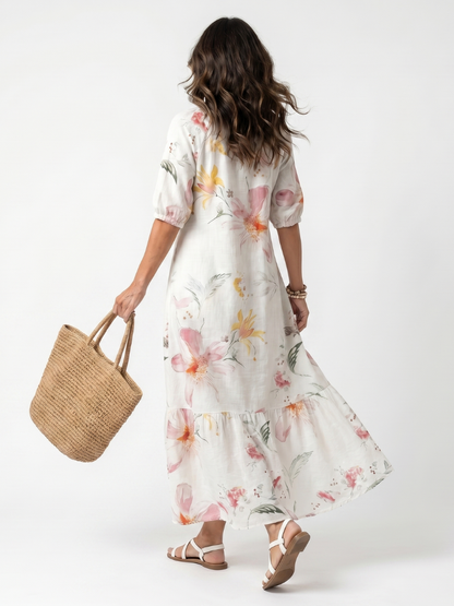 Noa | Midikjole med lag og pomponer i blødt blomsterprint