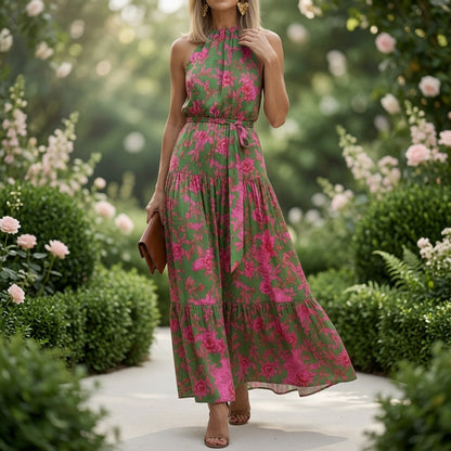 Draperet midikjole i rosa med elegant halterneck