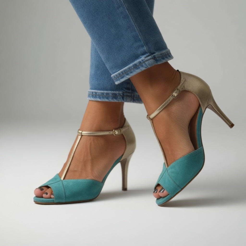 Roksana™ — Stiletsandal i turkis og guld, vibrerende elegance
