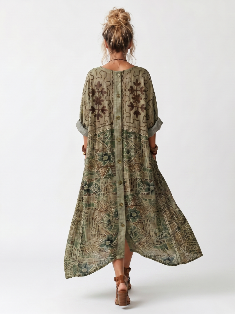 Aleta | Oversize midikjole med knapper, broderi og lommer