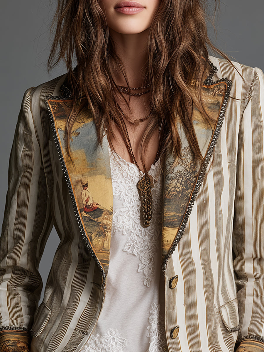 Suzanne | Stribet bohemeblazer med printet krave