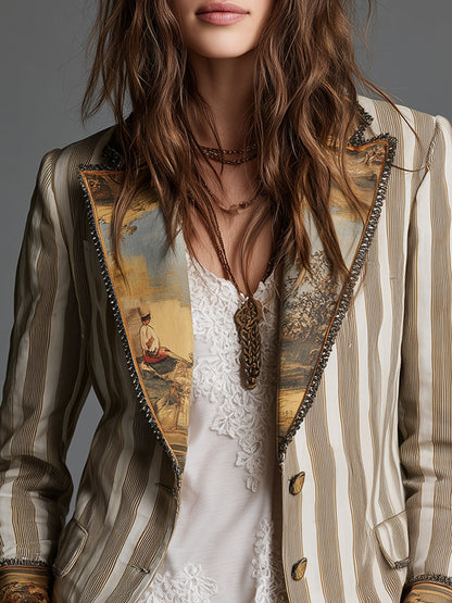 Suzanne | Stribet bohemeblazer med printet krave