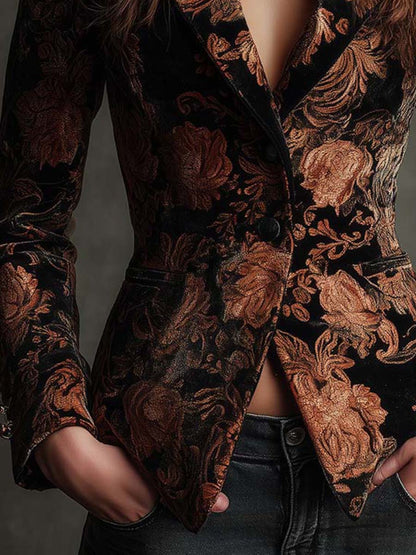 Bertille | Skræddersyet blazer med blomsterprint i sort og bronze
