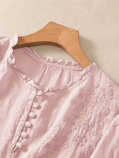 Éléna™ — Elegant broderet bluse i hørblanding