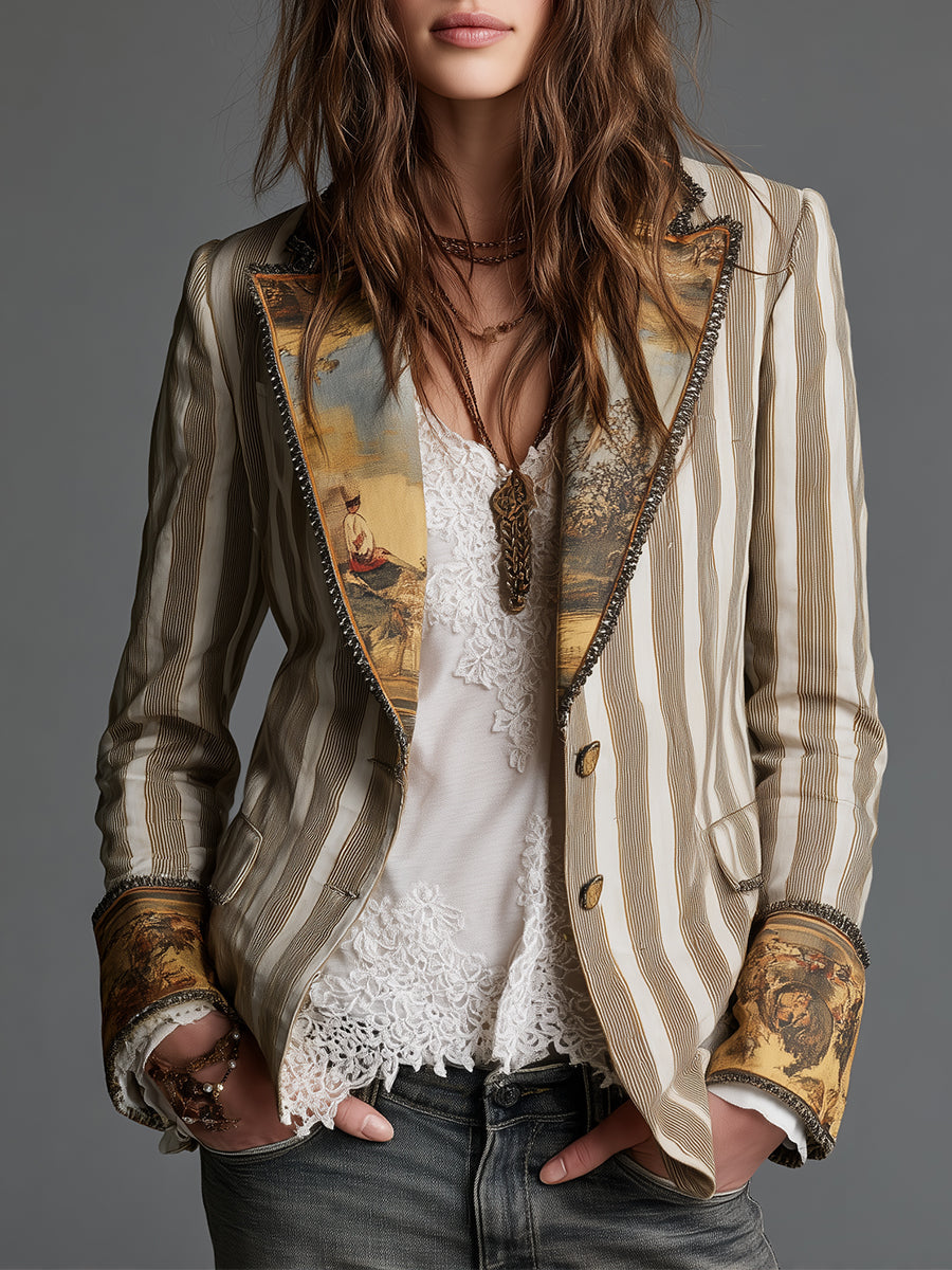 Suzanne | Stribet bohemeblazer med printet krave