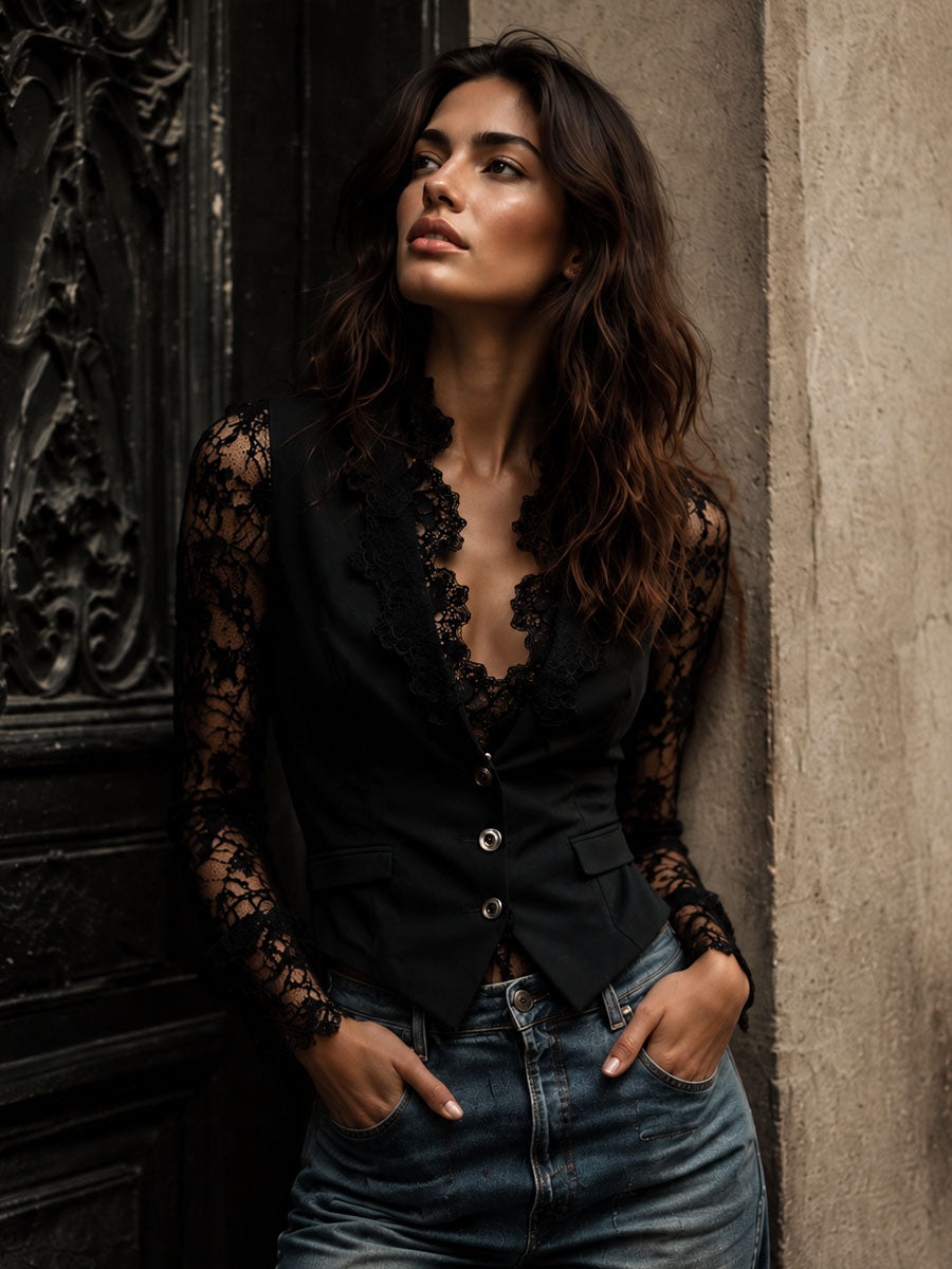 Noémie | Sort blazertop med semi-transparente ærmer