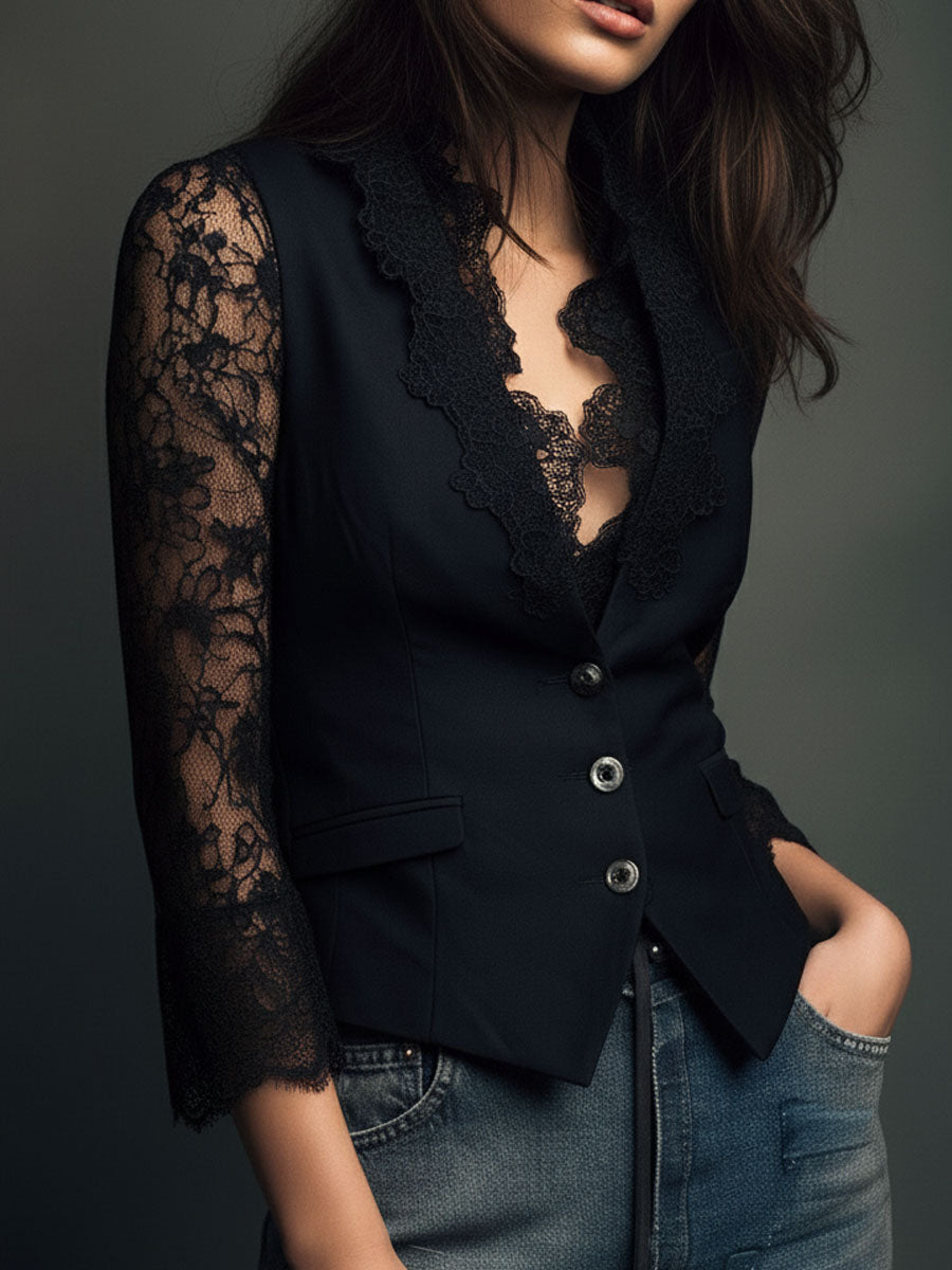 Noémie | Sort blazertop med semi-transparente ærmer