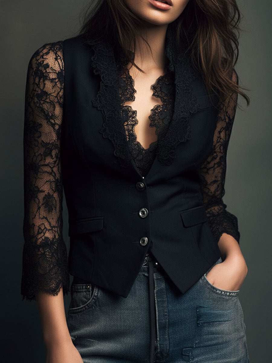 Noémie | Sort blazertop med semi-transparente ærmer