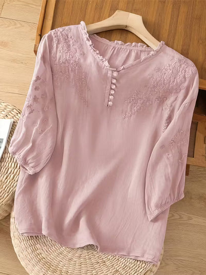 Éléna™ — Elegant broderet bluse i hørblanding