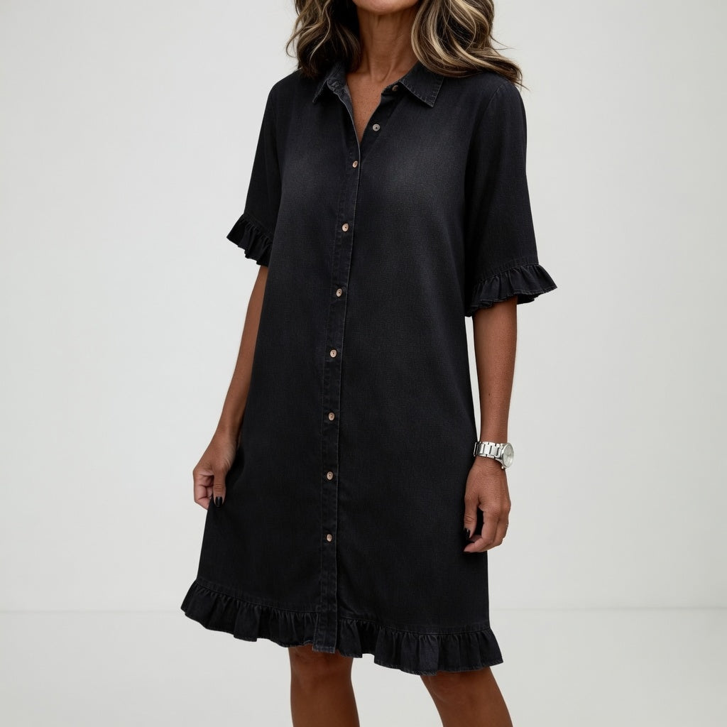 Fanette™ — Skjortekjole i flosset denim med afslappet charme