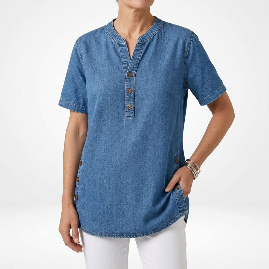 Denimelle™ — Henley-top i denimlook med slidser i siderne
