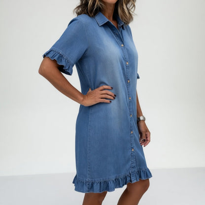 Fanette™ — Skjortekjole i flosset denim med afslappet charme