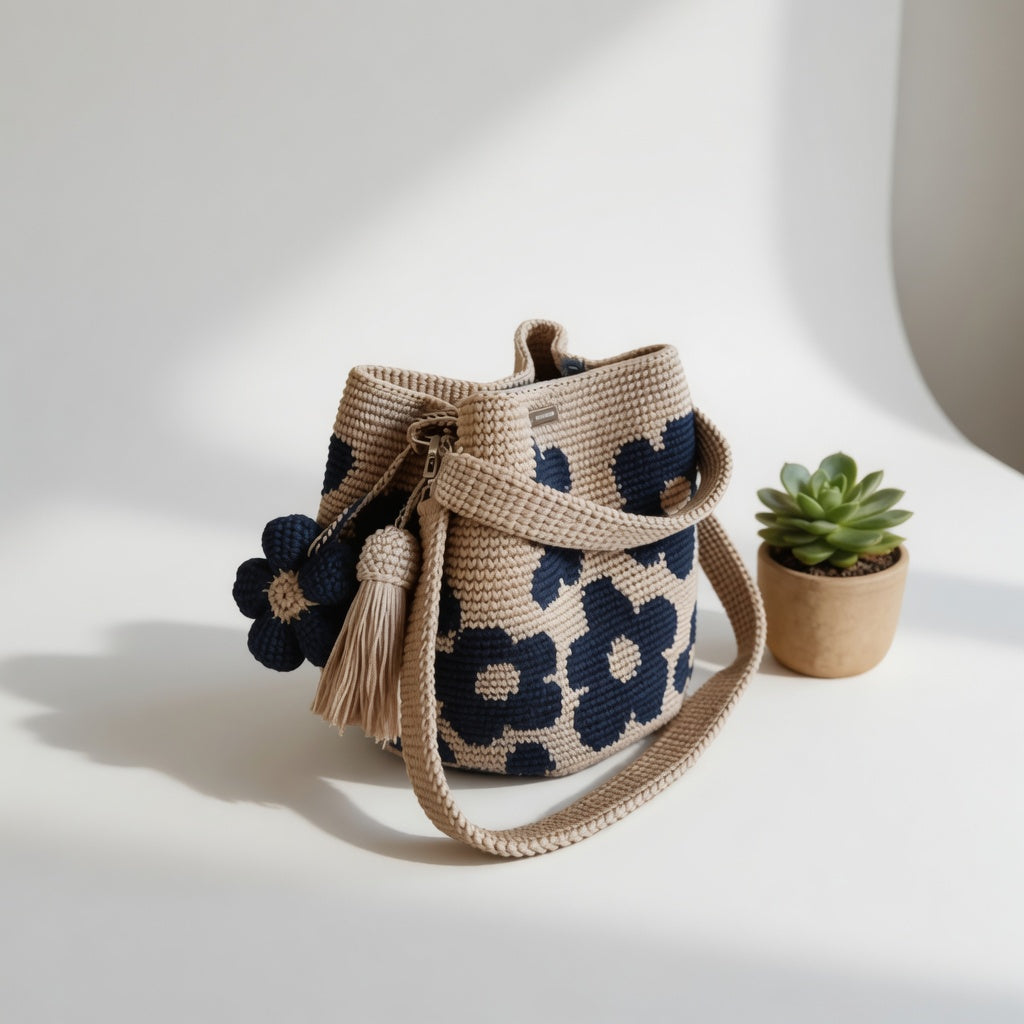 Zéphyrine™ — Hæklet boho-taske med pompon, håndlavet og naturligt charmerende
