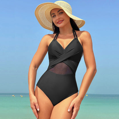 Shapewear-badedragt med wrap-effekt og tyl