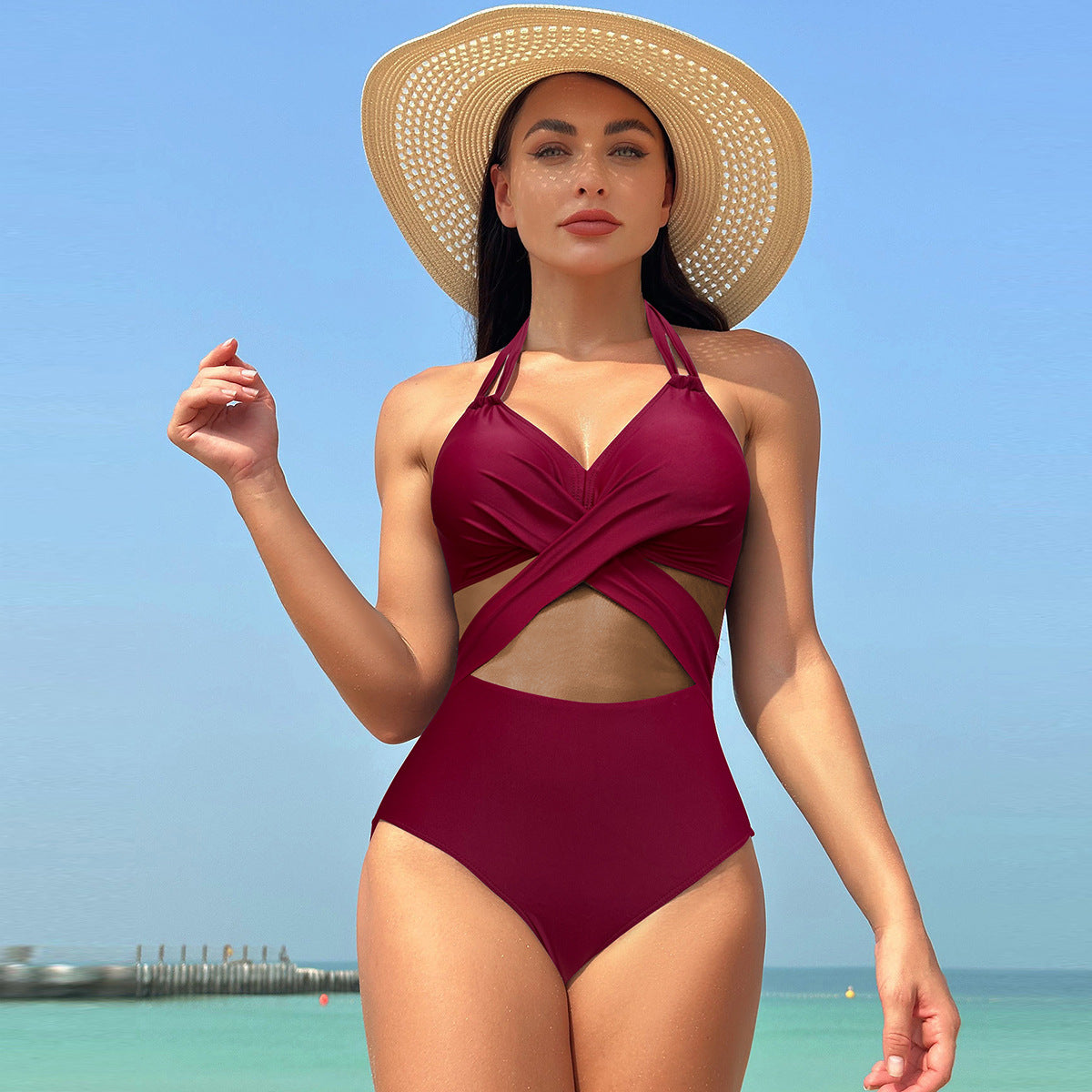 Shapewear-badedragt med wrap-effekt og tyl