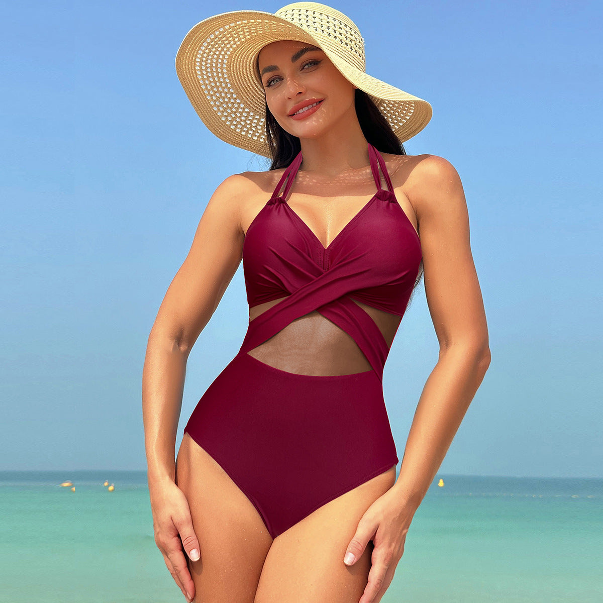 Shapewear-badedragt med wrap-effekt og tyl