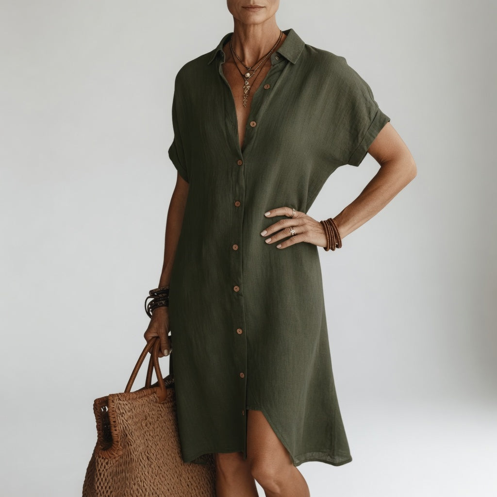 Évanélie™ — Åndbar premium skjortekjole i midilængde med parisisk look
