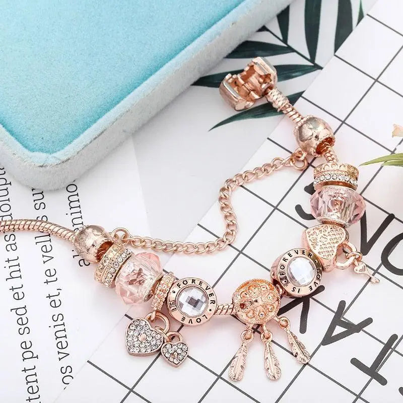 Lyserødt Drømmefanger-armbånd med Charms i Sterlingsølv Inkluderet