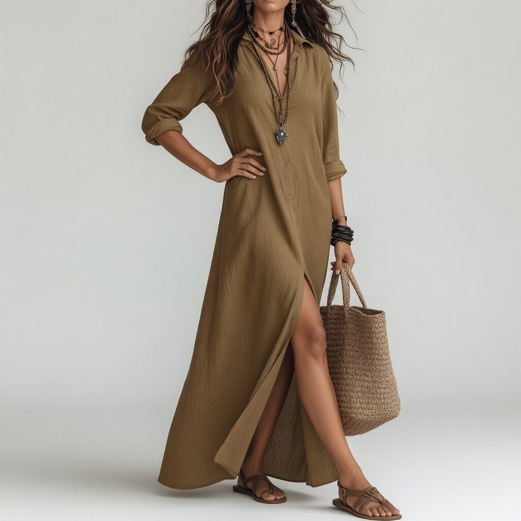 Violaine™ — Lang skjortekjole i boheme-stil med naturlig elegance
