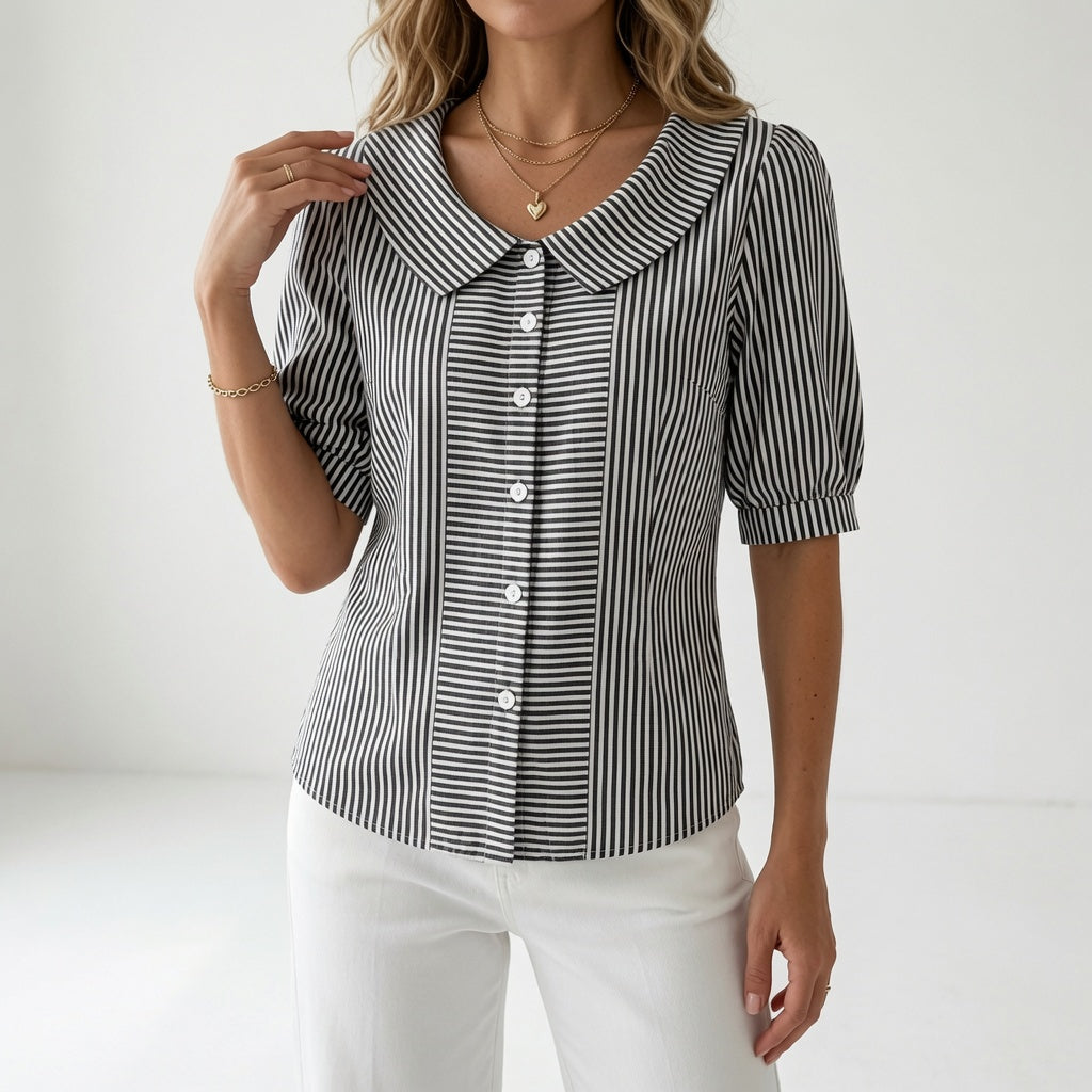 Zélie™ — Elegant stribet bluse med puffærmer