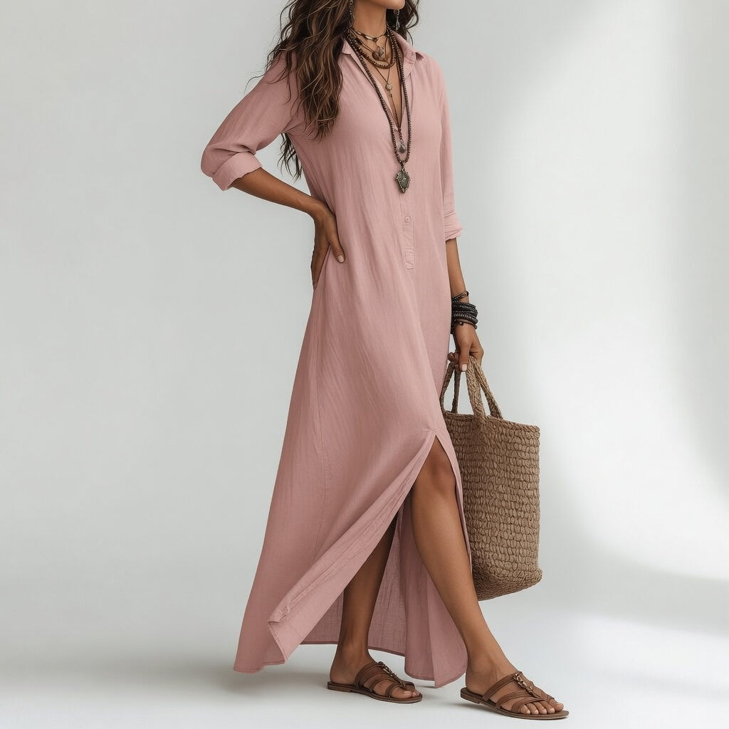 Violaine™ — Lang skjortekjole i boheme-stil med naturlig elegance