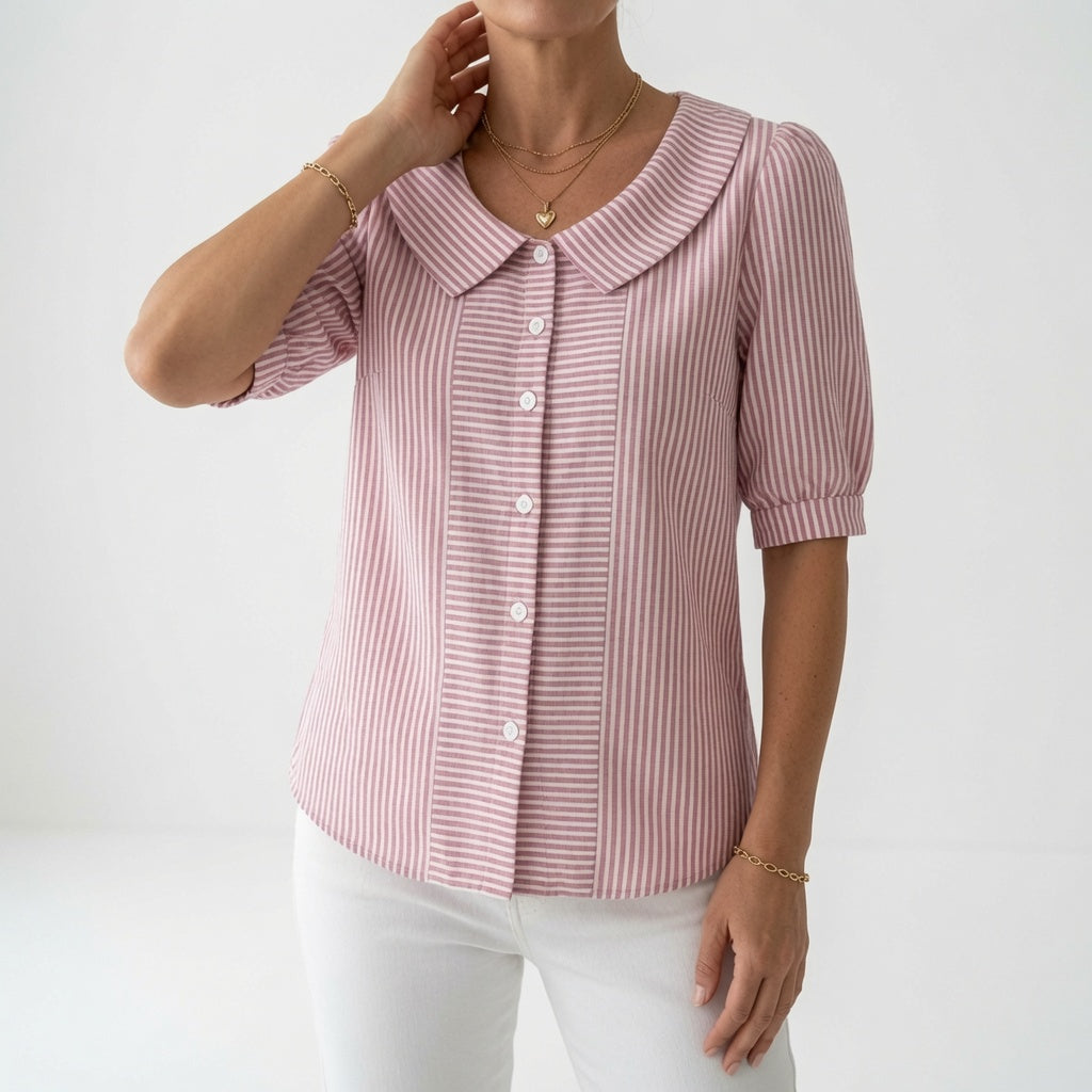 Zélie™ — Elegant stribet bluse med puffærmer